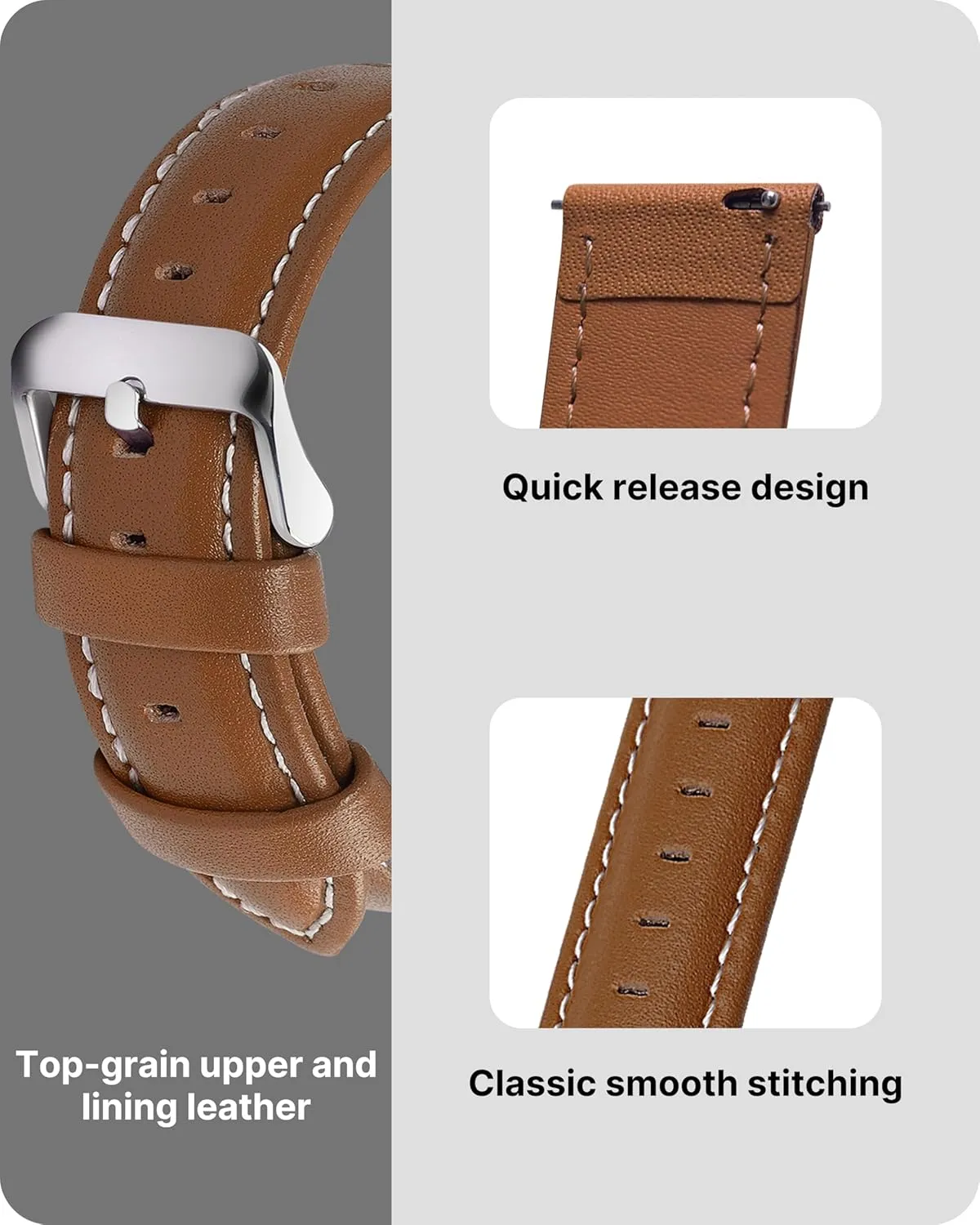 12 Colors for Quick Release Leather Watch Band, Fullmosa Axus Genuine Leather Watch Strap,Brown,22mm