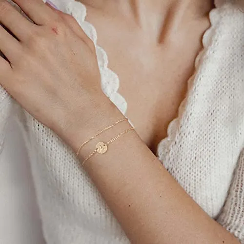 14K Gold Filled Layered Beaded A Letter Initial Bracelet Personalized Disc Charm Bracelet
