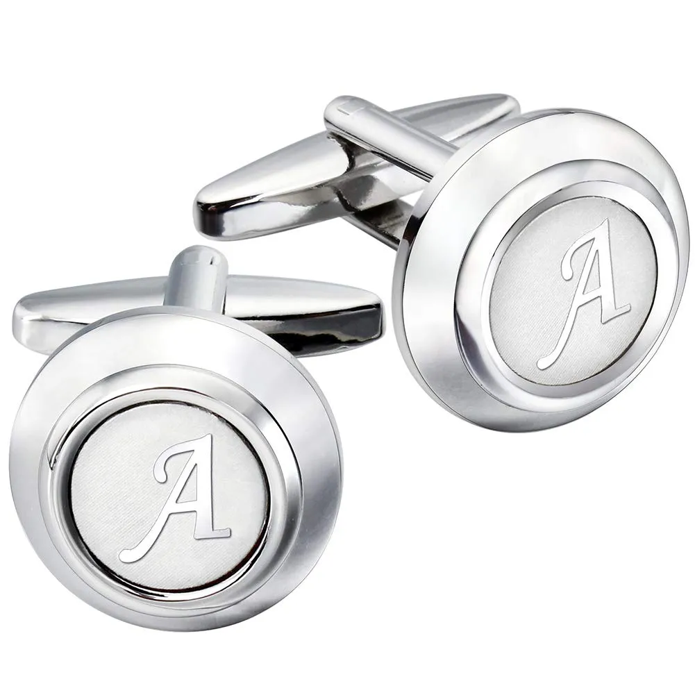AMITER Mens Classic Cufflinks/Tie Clip/Cufflinks and Tie Clip Set for Men Silver Initials A-Z Formal Business Wedding Tuxedo Shirts A (2 cufflinks)