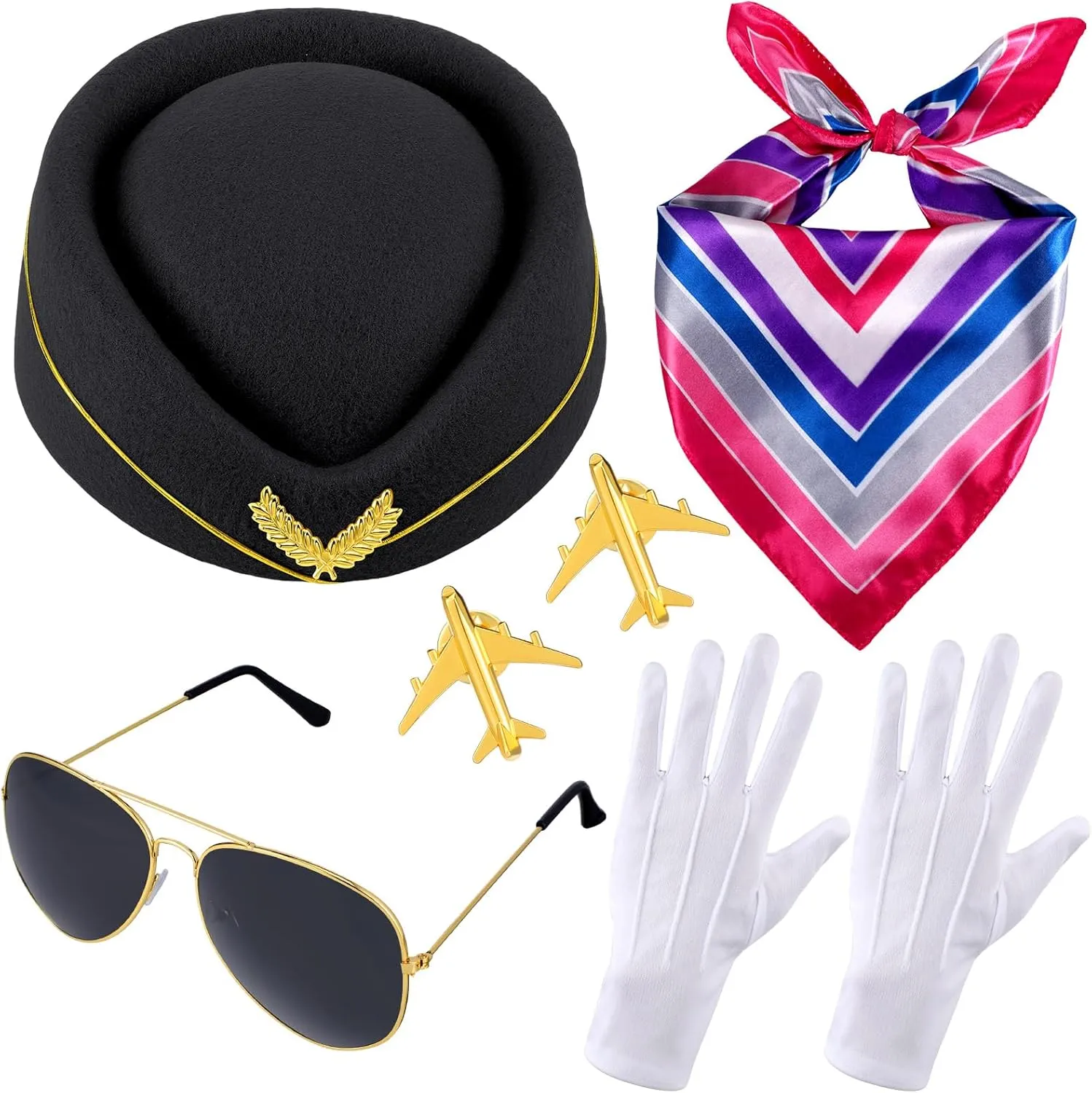 Bencailor 6 Pcs Women Flight Attendant Costume Accessories Stewardess Outfits Bellhop Hat Scarf Sunglasses Gloves