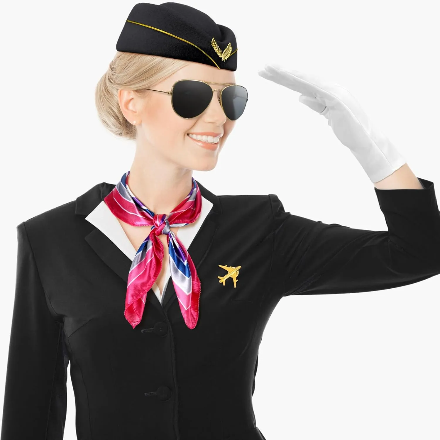 Bencailor 6 Pcs Women Flight Attendant Costume Accessories Stewardess Outfits Bellhop Hat Scarf Sunglasses Gloves