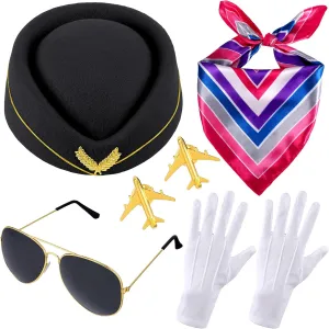 Bencailor 6 Pcs Women Flight Attendant Costume Accessories Stewardess Outfits Bellhop Hat Scarf Sunglasses Gloves