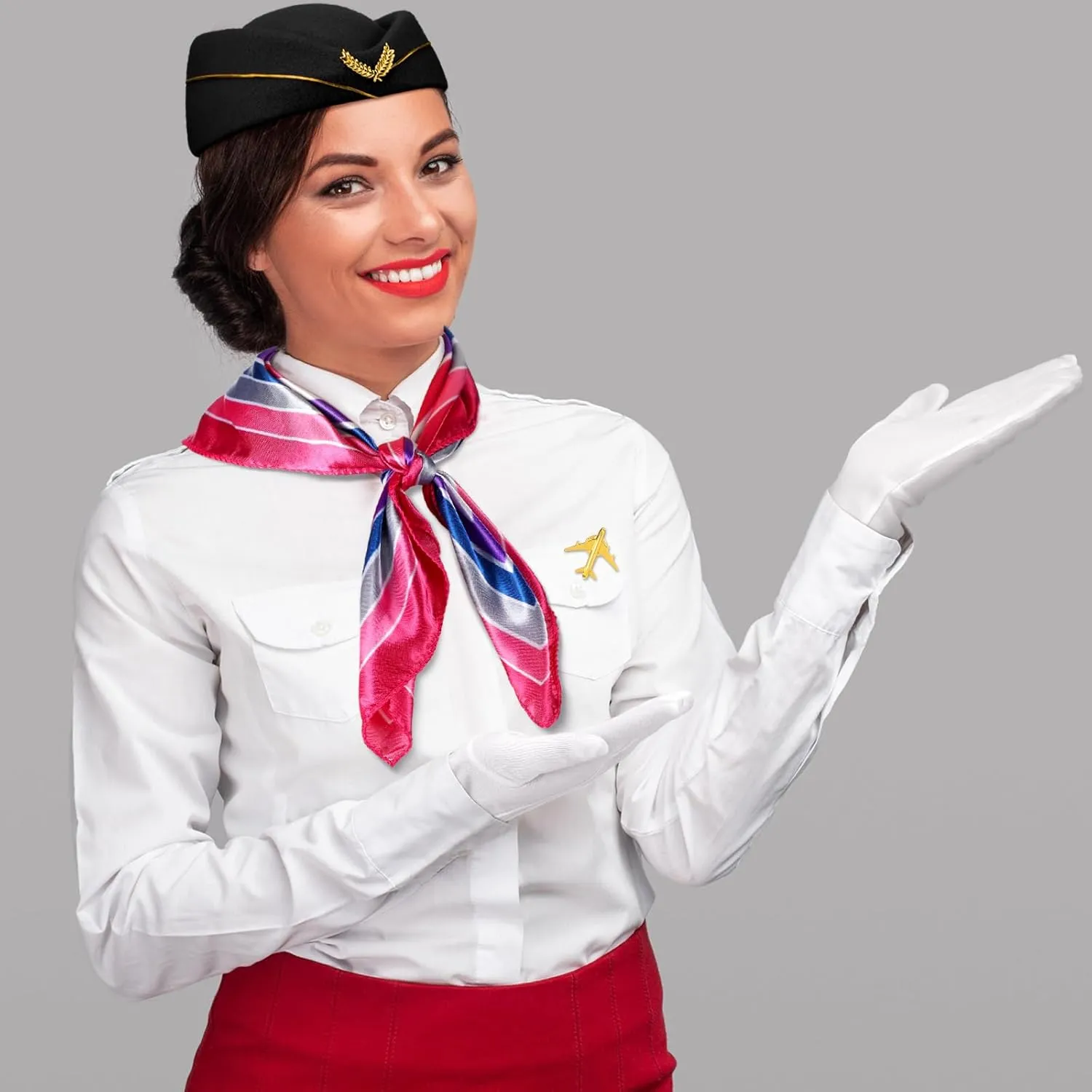 Bencailor 6 Pcs Women Flight Attendant Costume Accessories Stewardess Outfits Bellhop Hat Scarf Sunglasses Gloves