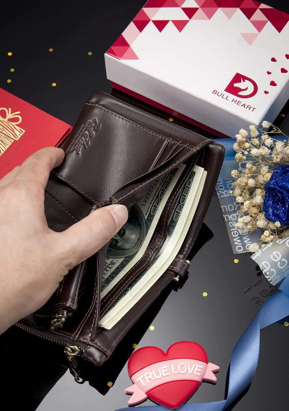 bill heart Mens Wallet with Chain Genuine Leather Purse RFID Blocking Bifold Double Zipper Coin Pocket with Anti-Theft Chain