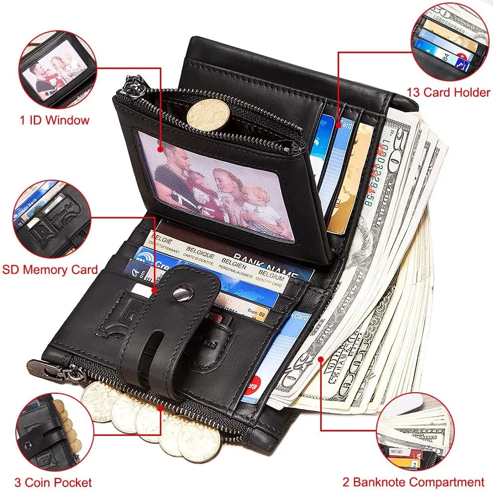 bill heart Mens Wallet with Chain Genuine Leather Purse RFID Blocking Bifold Double Zipper Coin Pocket with Anti-Theft Chain