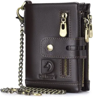 bill heart Mens Wallet with Chain Genuine Leather Purse RFID Blocking Bifold Double Zipper Coin Pocket with Anti-Theft Chain