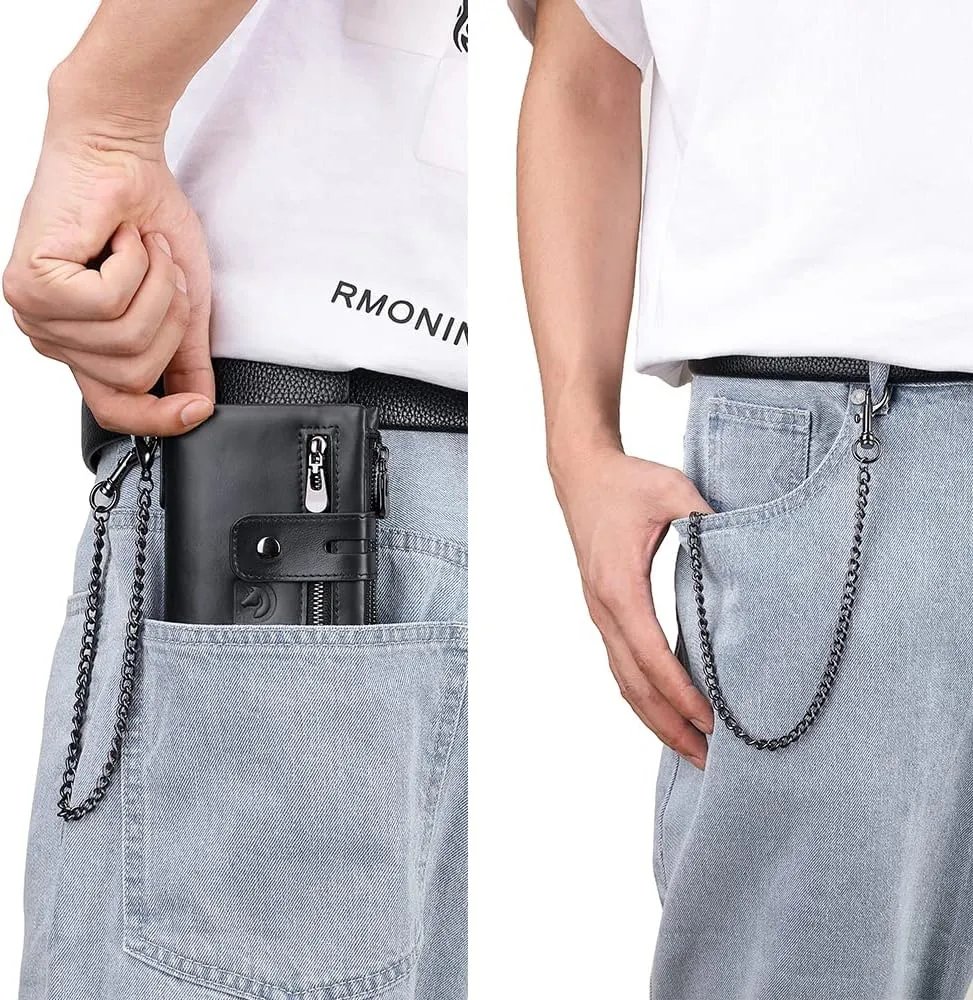 bill heart Mens Wallet with Chain Genuine Leather Purse RFID Blocking Bifold Double Zipper Coin Pocket with Anti-Theft Chain