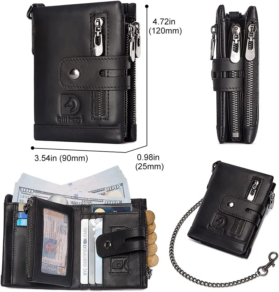 bill heart Mens Wallet with Chain Genuine Leather Purse RFID Blocking Bifold Double Zipper Coin Pocket with Anti-Theft Chain