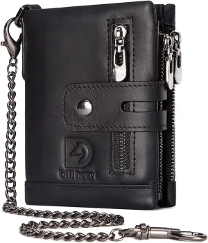 bill heart Mens Wallet with Chain Genuine Leather Purse RFID Blocking Bifold Double Zipper Coin Pocket with Anti-Theft Chain
