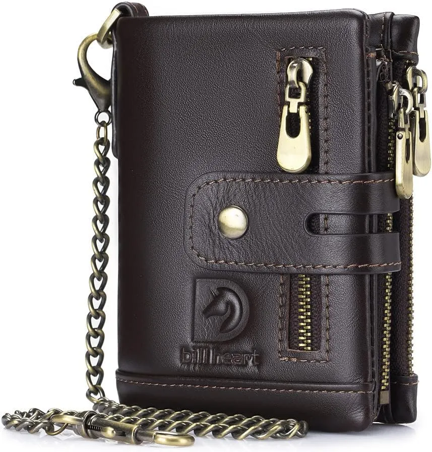 bill heart Mens Wallet with Chain Genuine Leather Purse RFID Blocking Bifold Double Zipper Coin Pocket with Anti-Theft Chain
