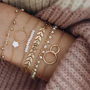 Bohemian Gold Tassel Bracelets for Women Boho Jewelry Geometric Leaves