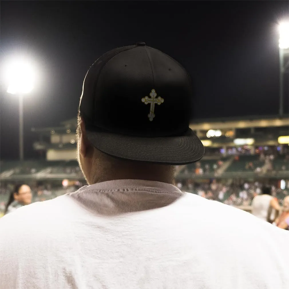 Custom Snapback Baseball Cap Gold Outline Orthodox Cross Embroidery Snaps