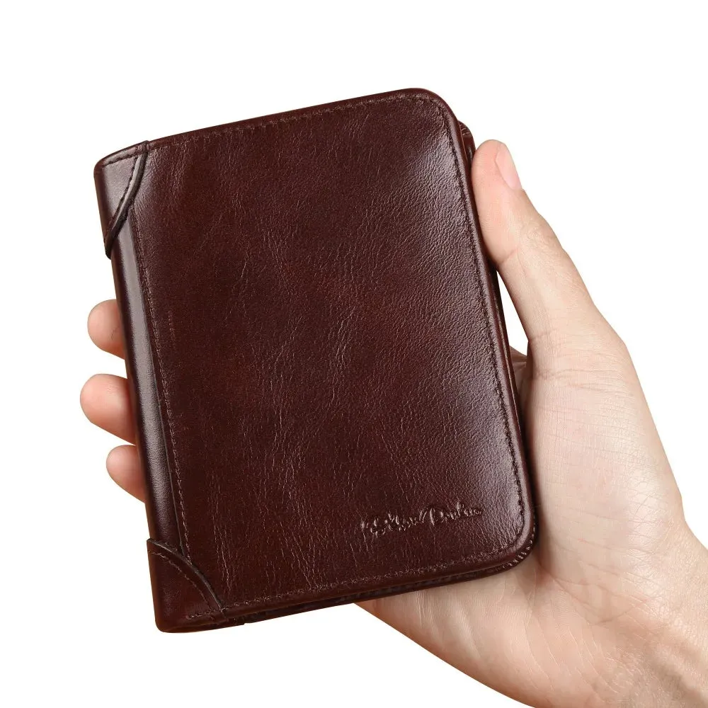 DENIM Genuine Leather RFID Wallet Men Red Brown Vintage Purse Card Holder