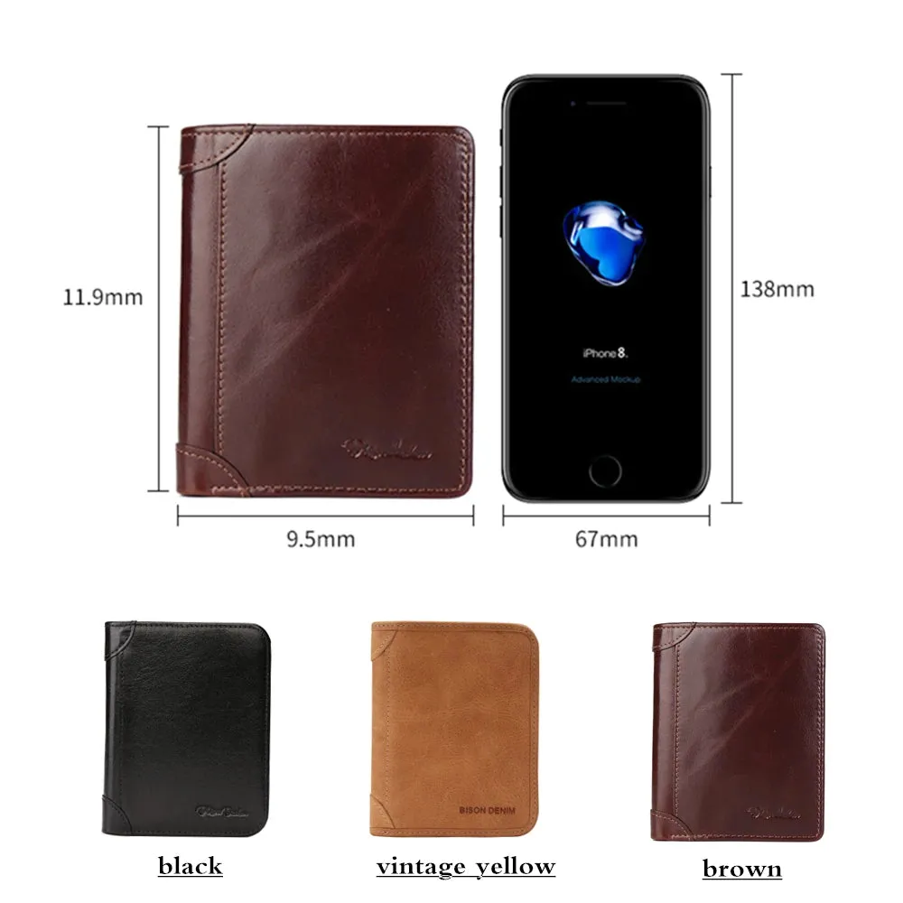 DENIM Genuine Leather RFID Wallet Men Red Brown Vintage Purse Card Holder