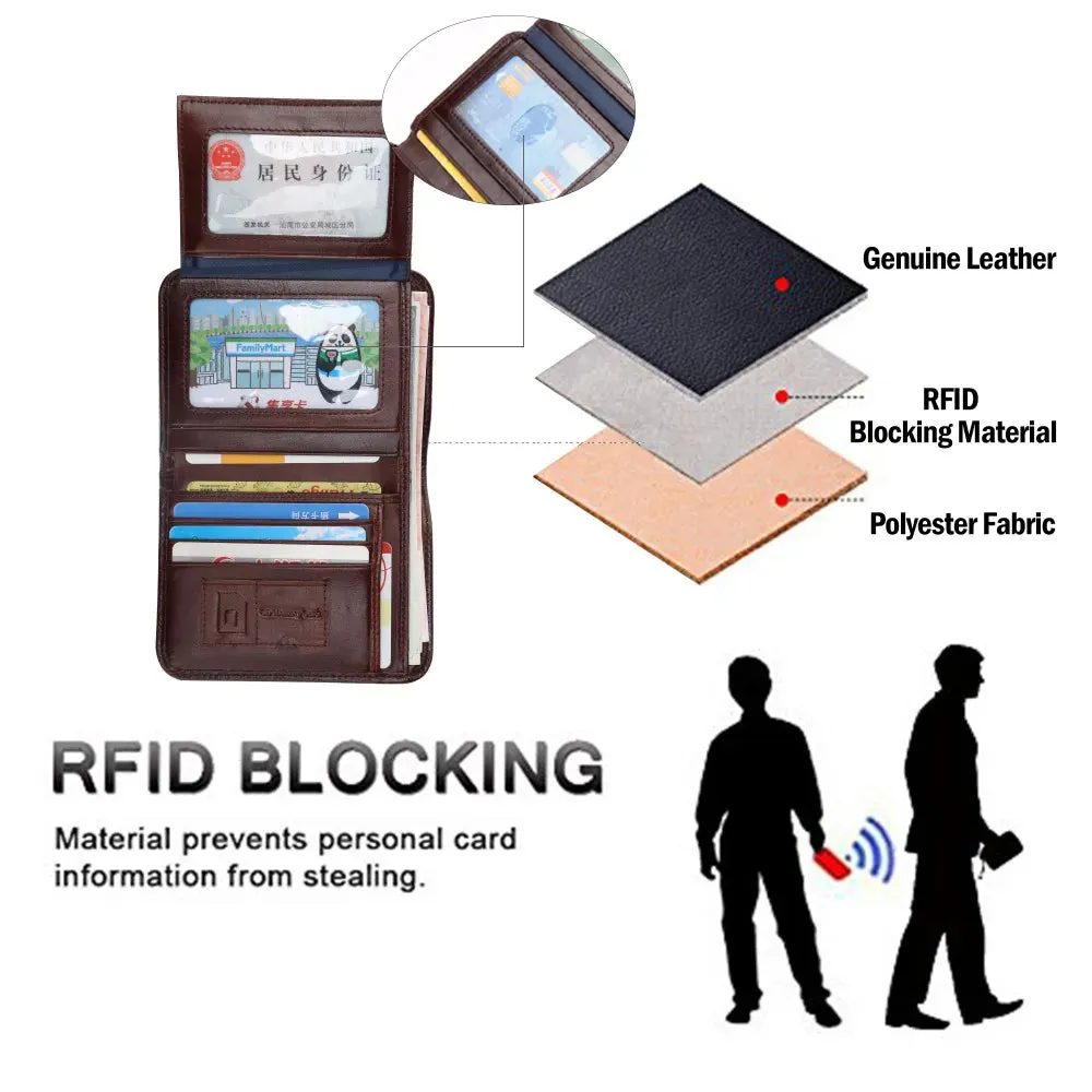 DENIM Genuine Leather RFID Wallet Men Red Brown Vintage Purse Card Holder
