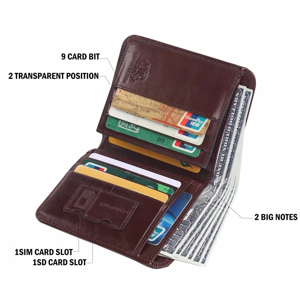 DENIM Genuine Leather RFID Wallet Men Red Brown Vintage Purse Card Holder