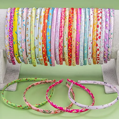 Duufin 30 Pieces Satin Floral Headbands for DIY Crafts - Colorful Covered Headbands for Girls and Women