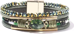 FANCY SHINY Leather Wrap Bracelets Crystal Beads Bracelet Boho Cuff Stone Charm Bracelets with Clasp Costume Jewelry for Women