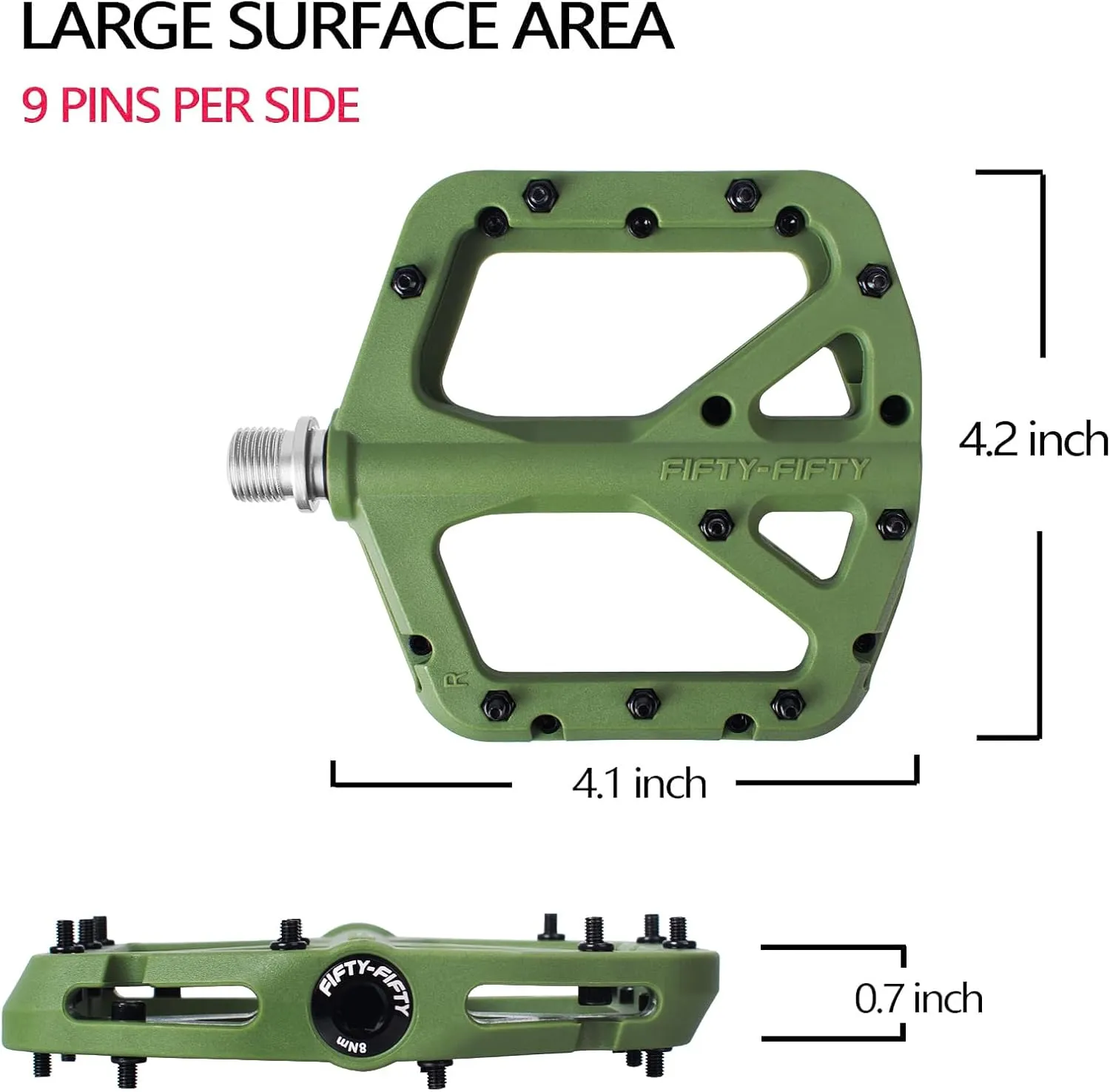 FIFTY-FIFTY Mountain Bike Pedals, Non-Slip MTB Nylon Composite, 9/16" Bicycle Pedals, Lightweight and Wide Flat Platform