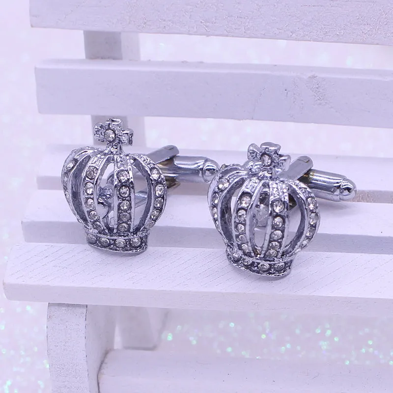 Full Rhinestones Crown French Crystal Mens Cufflinks