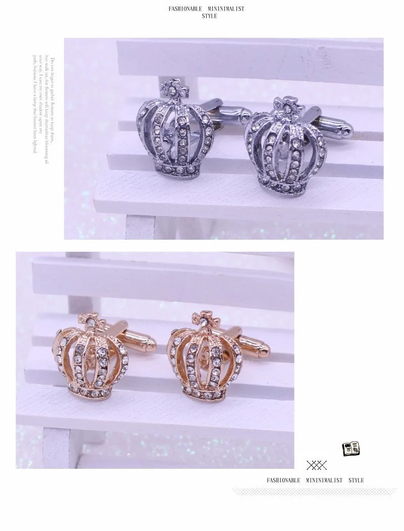 Full Rhinestones Crown French Crystal Mens Cufflinks