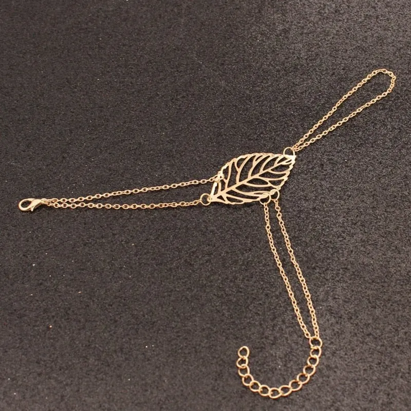 Gold Color Hollow Leaves Bracelet With Finger Ring Hand Chain