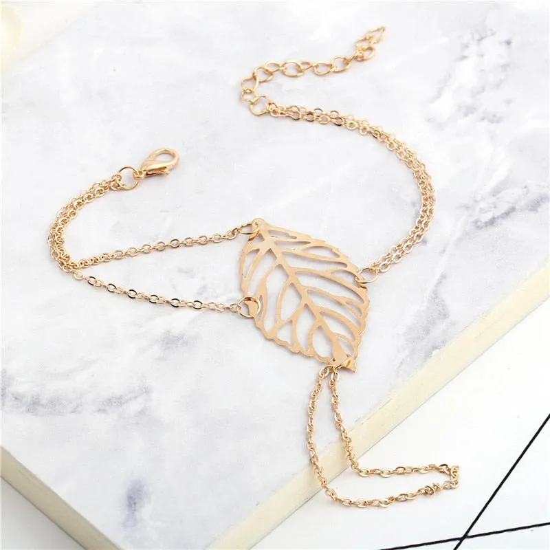 Gold Color Hollow Leaves Bracelet With Finger Ring Hand Chain