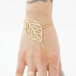 Gold Color Hollow Leaves Bracelet With Finger Ring Hand Chain