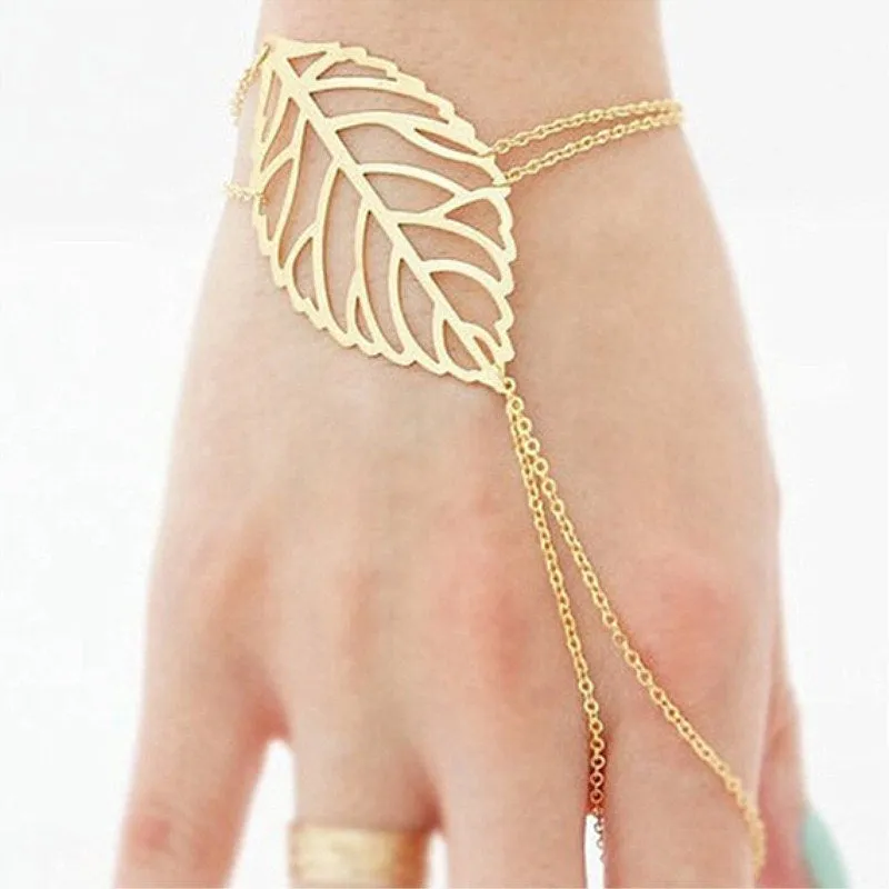 Gold Color Hollow Leaves Bracelet With Finger Ring Hand Chain