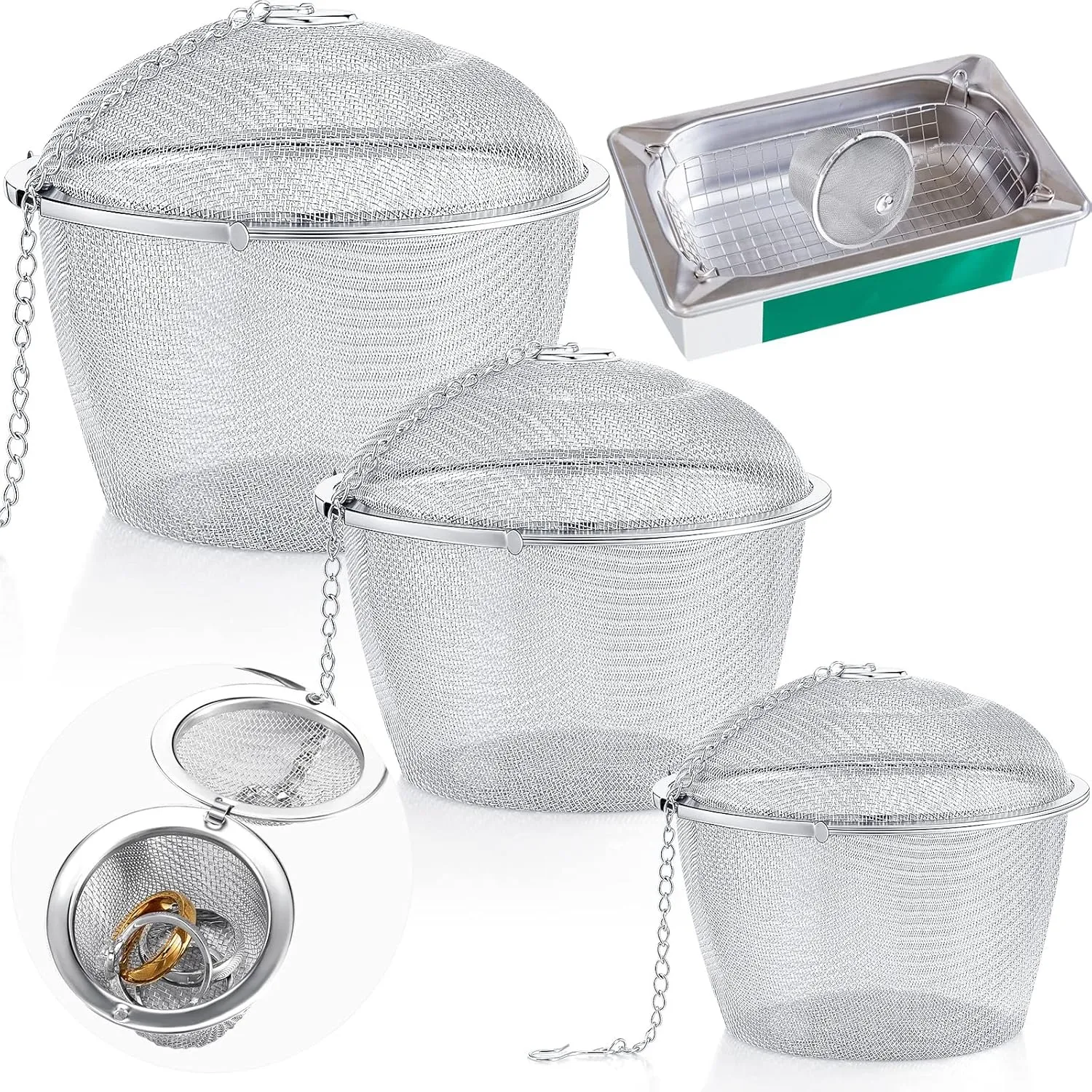 Honeydak 3 Jewelry Cleaner Baskets Jewelry Steam Cleaner Basket Stainless Steel Basket for Small Part and Cleaner Solution with Lock and Hook (1.7,2.5,4.3 Inch)