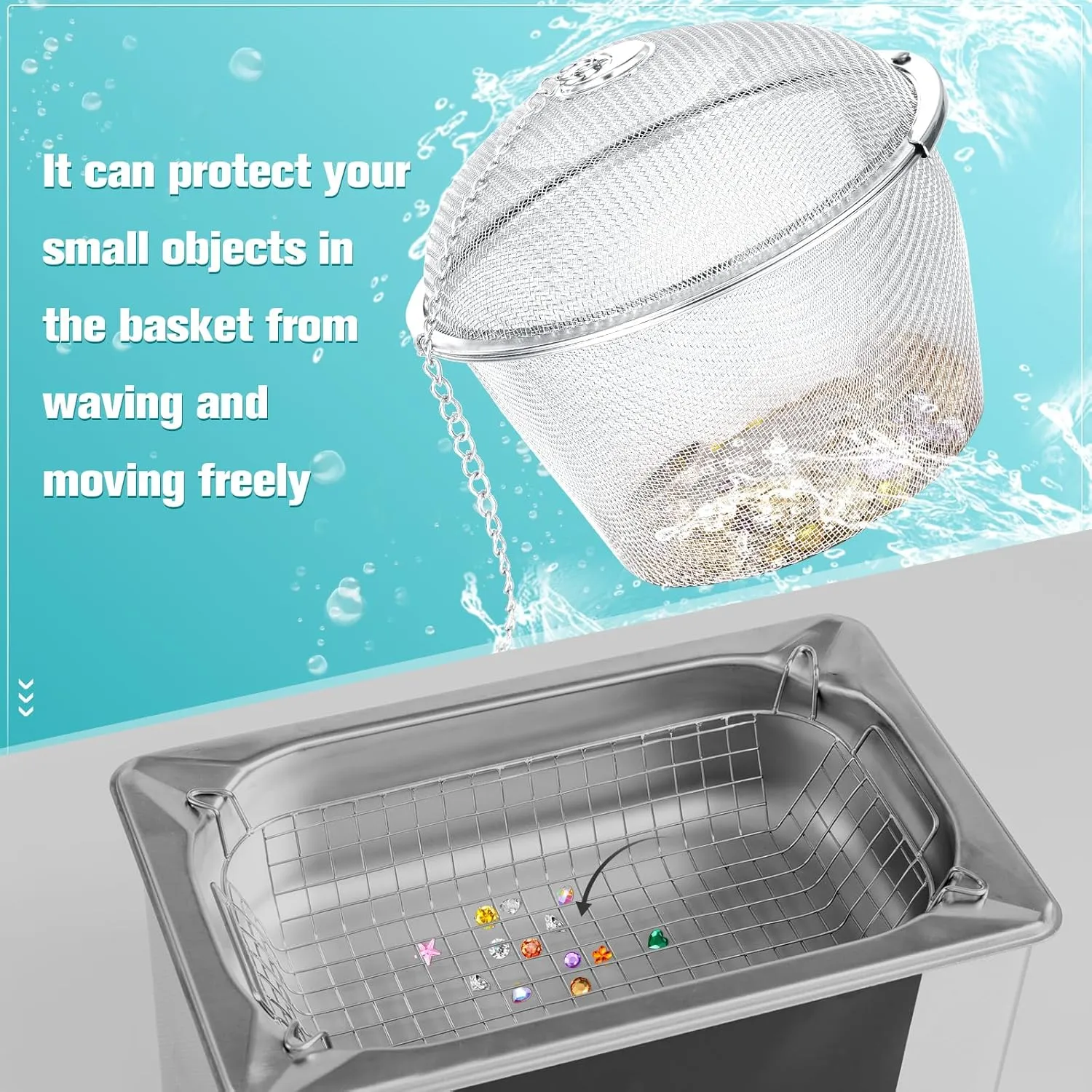 Honeydak 3 Jewelry Cleaner Baskets Jewelry Steam Cleaner Basket Stainless Steel Basket for Small Part and Cleaner Solution with Lock and Hook (1.7,2.5,4.3 Inch)