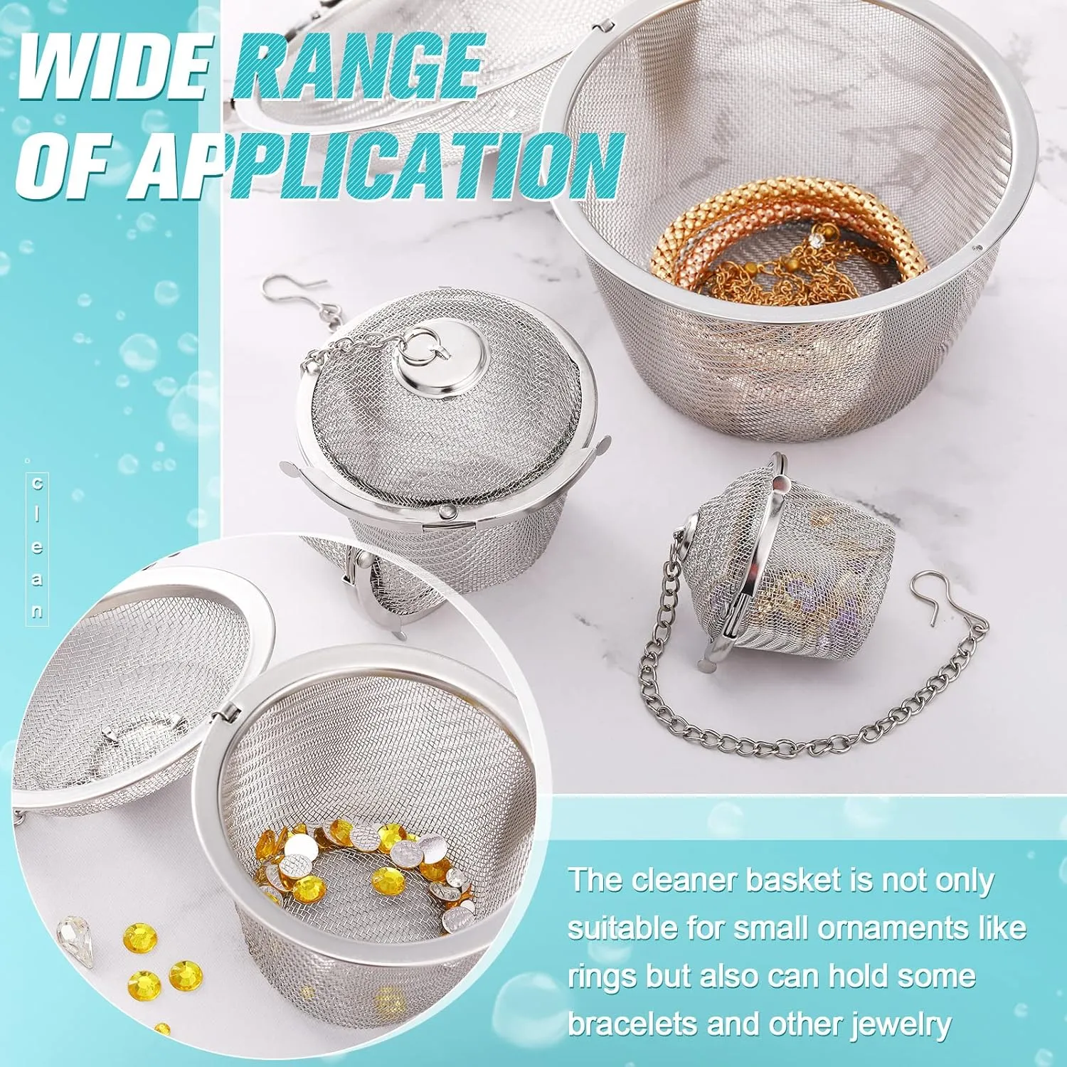 Honeydak 3 Jewelry Cleaner Baskets Jewelry Steam Cleaner Basket Stainless Steel Basket for Small Part and Cleaner Solution with Lock and Hook (1.7,2.5,4.3 Inch)