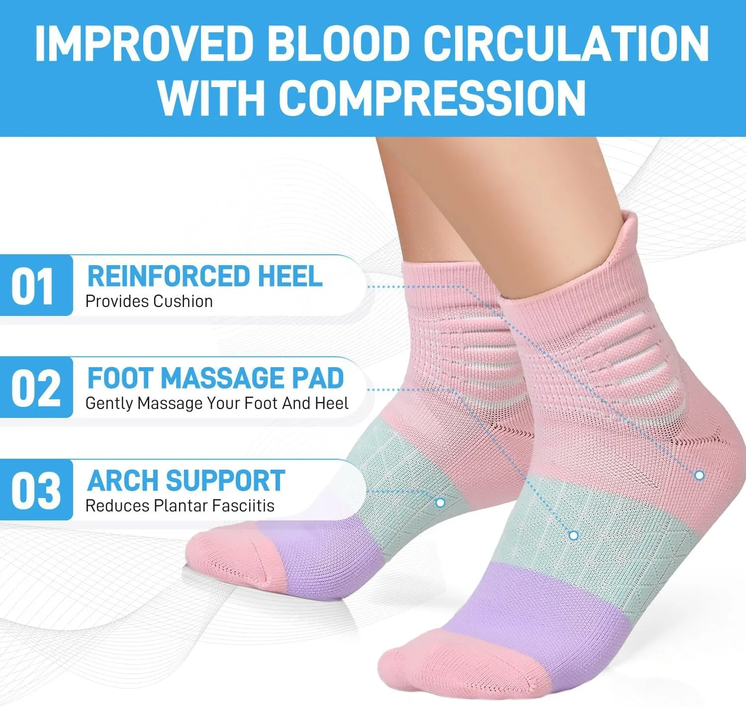 IRAMY Compression Ankle Support Socks Women Coolmax Wicking Cushioned Athletic Plantar Fasciitis Relief 3/4/6 Pairs