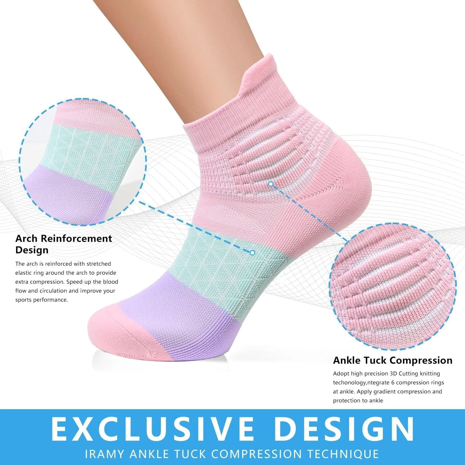 IRAMY Compression Ankle Support Socks Women Coolmax Wicking Cushioned Athletic Plantar Fasciitis Relief 3/4/6 Pairs