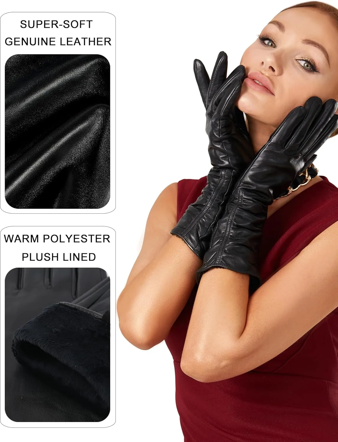 Luxury Winter Long Leather Gloves Women Touchscreen Texting Warm Driving Genuine Leather Gloves 13''