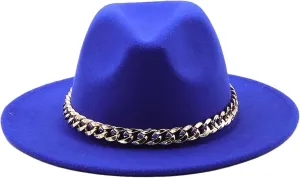Men's Vintage Wide Brim Fedora Hat for Men Women Gold Chain Band Felted Hats Panama Jazz Cap