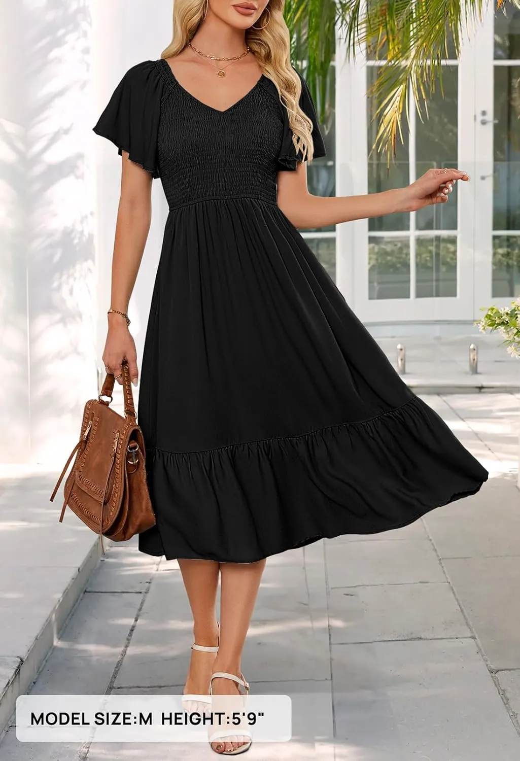 MEROKEETY Women's Summer Casual V Neck Ruffle Sleeve Smocked High Waist Midi Dress with Pockets