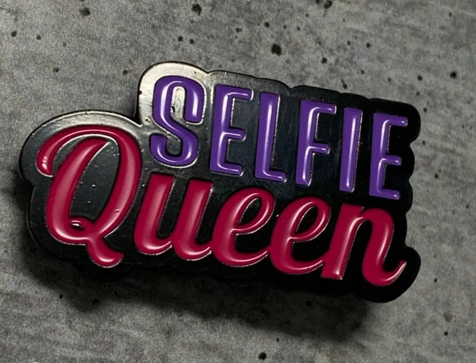 New, Enamel Pin "SELFIE Queen" Purple & Pink, Exclusive Lapel Pin, Size 1.77 inches, w/Butterfly Clutch, Cool Pin For Apparel