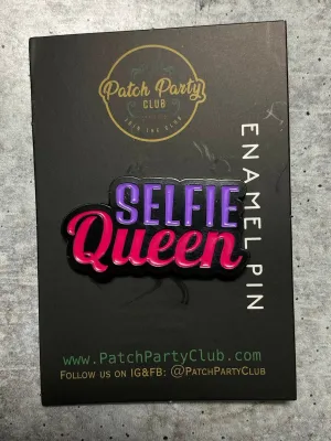 New, Enamel Pin "SELFIE Queen" Purple & Pink, Exclusive Lapel Pin, Size 1.77 inches, w/Butterfly Clutch, Cool Pin For Apparel