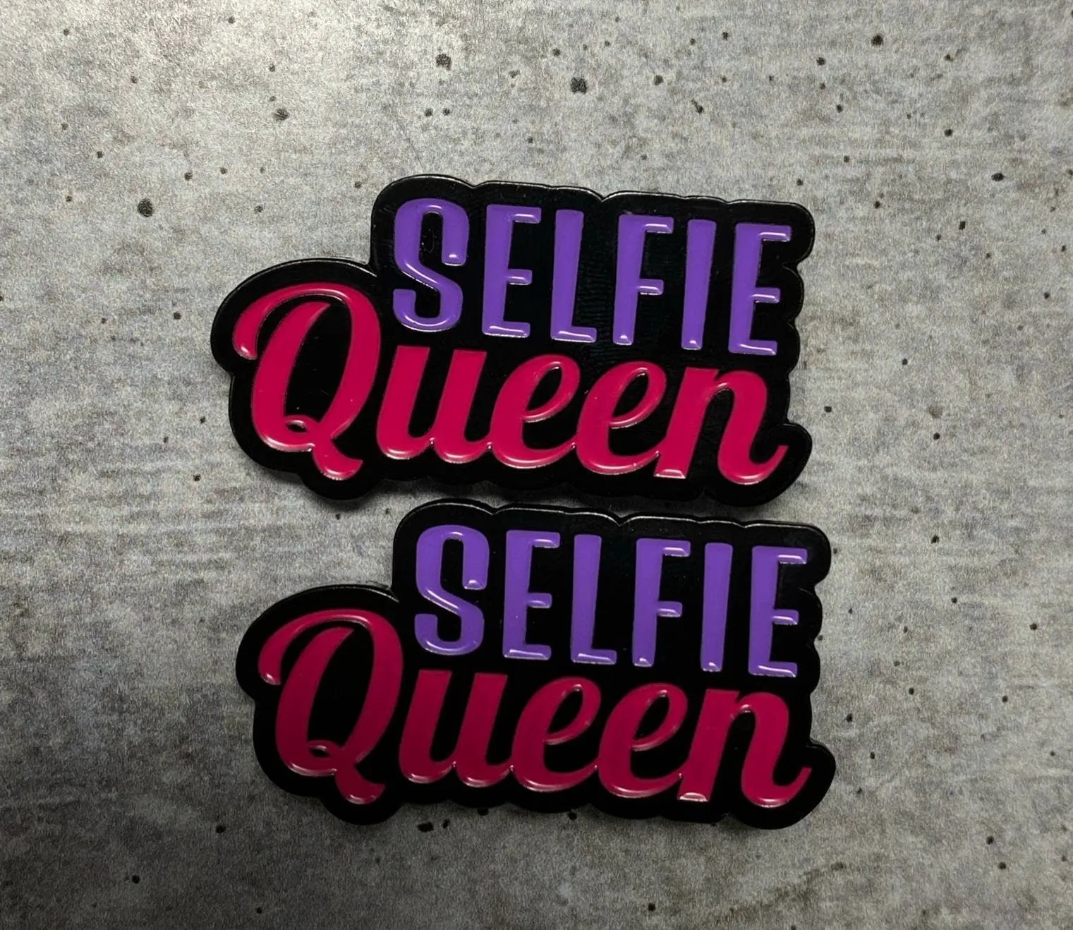 New, Enamel Pin "SELFIE Queen" Purple & Pink, Exclusive Lapel Pin, Size 1.77 inches, w/Butterfly Clutch, Cool Pin For Apparel
