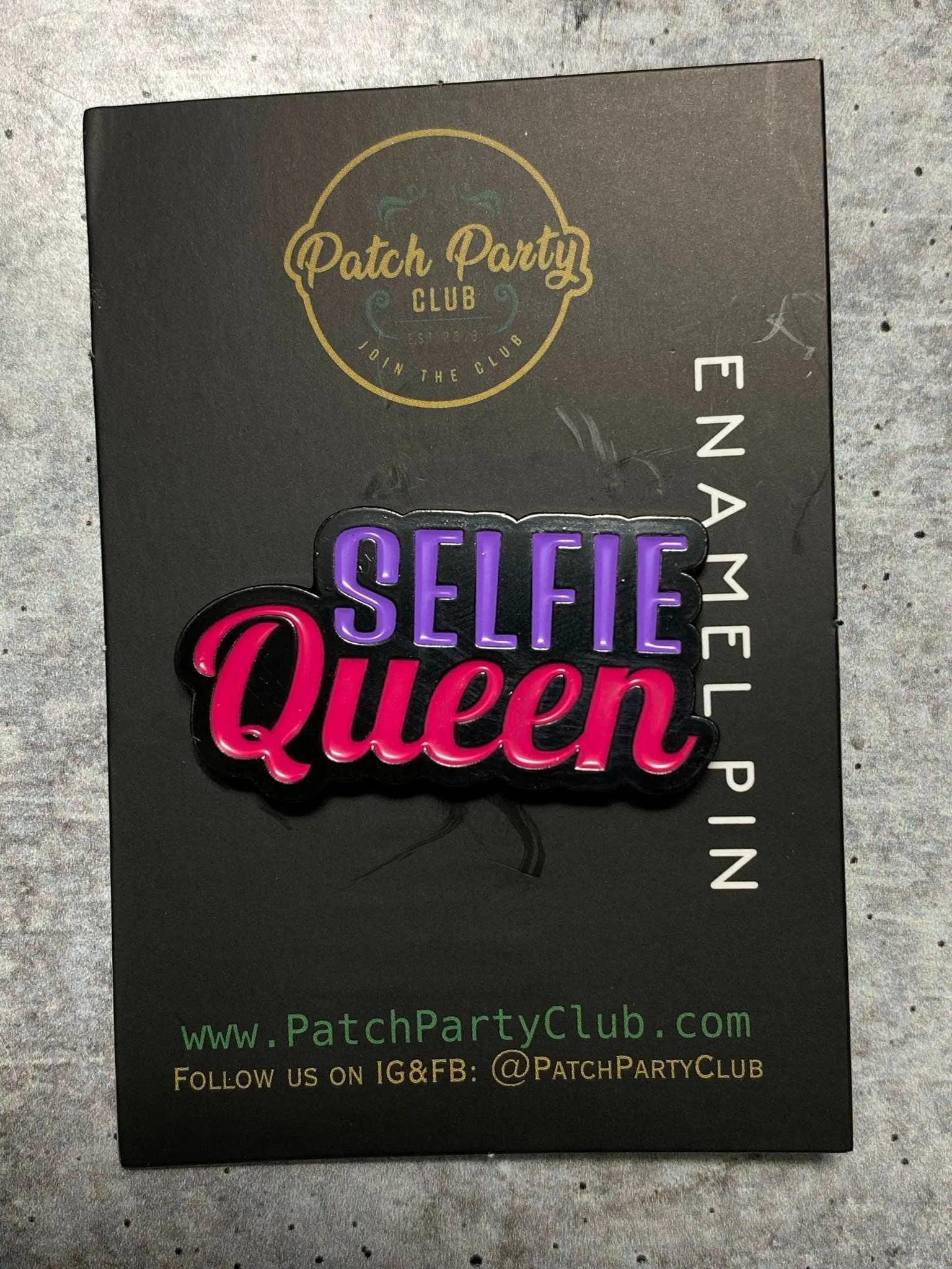 New, Enamel Pin "SELFIE Queen" Purple & Pink, Exclusive Lapel Pin, Size 1.77 inches, w/Butterfly Clutch, Cool Pin For Apparel