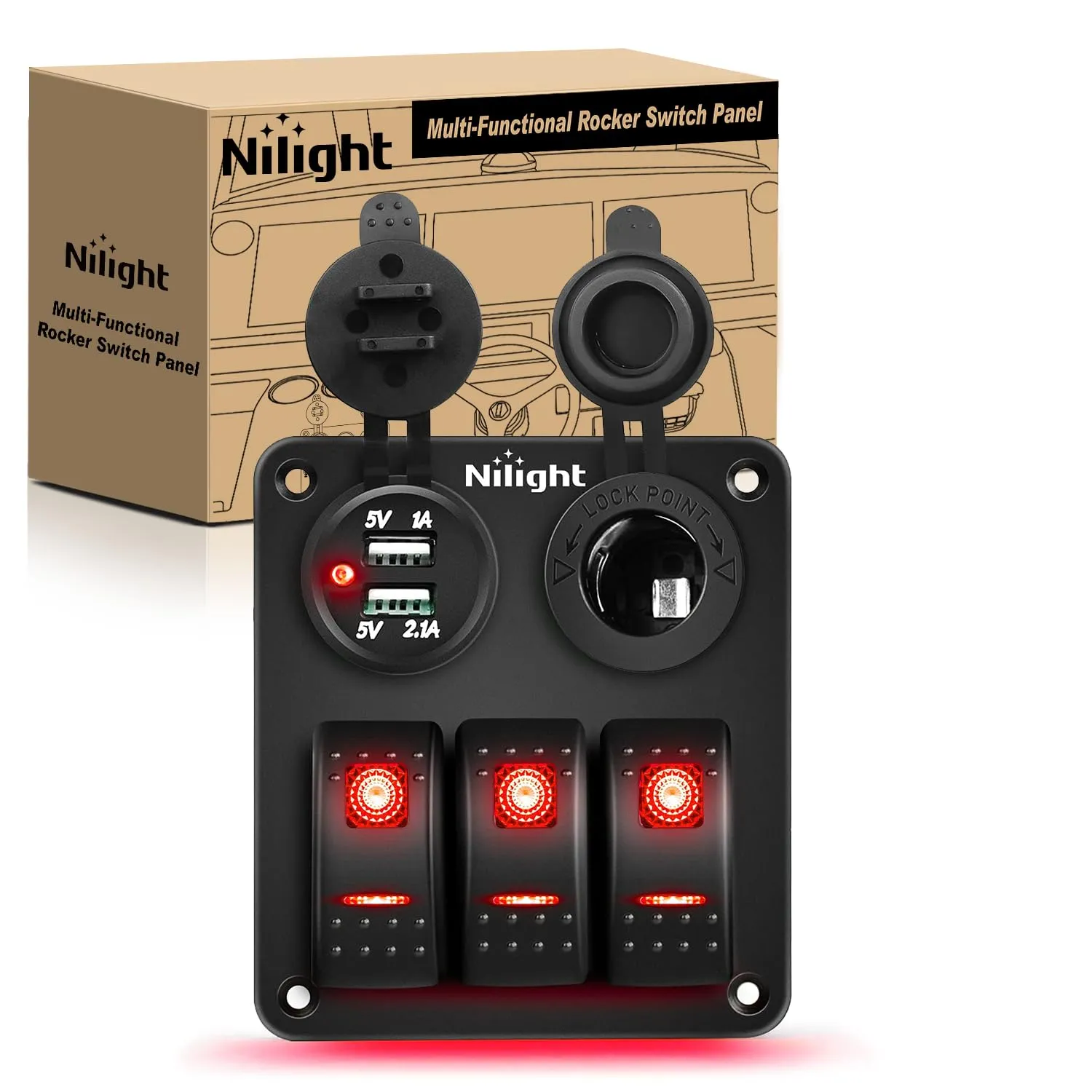 Nilight  Gang Rocker Switch Panel with USB Charger and Cigar Lighter Red Night Glow Stickers12V 24V Toggle ON Off for Cars Rvs Trucks