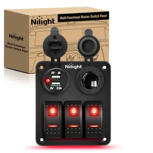 Nilight  Gang Rocker Switch Panel with USB Charger and Cigar Lighter Red Night Glow Stickers12V 24V Toggle ON Off for Cars Rvs Trucks
