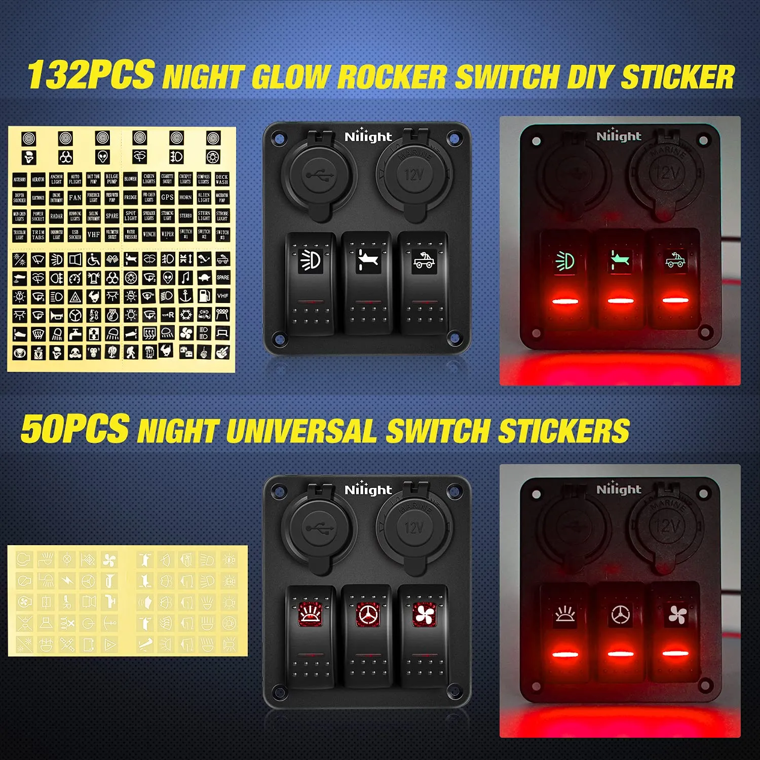 Nilight  Gang Rocker Switch Panel with USB Charger and Cigar Lighter Red Night Glow Stickers12V 24V Toggle ON Off for Cars Rvs Trucks