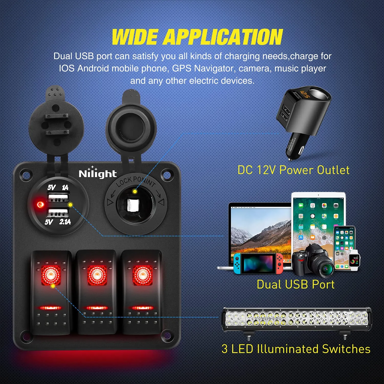 Nilight  Gang Rocker Switch Panel with USB Charger and Cigar Lighter Red Night Glow Stickers12V 24V Toggle ON Off for Cars Rvs Trucks