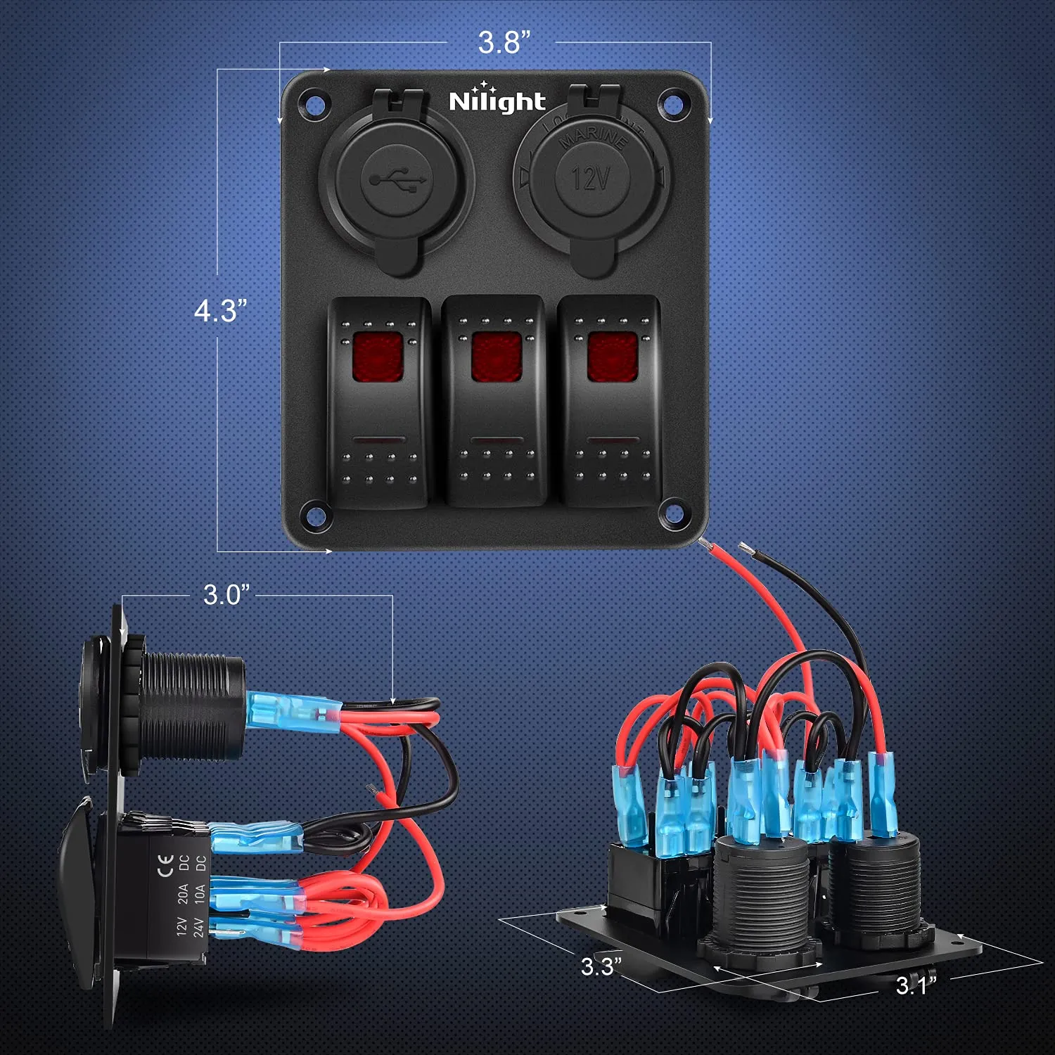 Nilight  Gang Rocker Switch Panel with USB Charger and Cigar Lighter Red Night Glow Stickers12V 24V Toggle ON Off for Cars Rvs Trucks