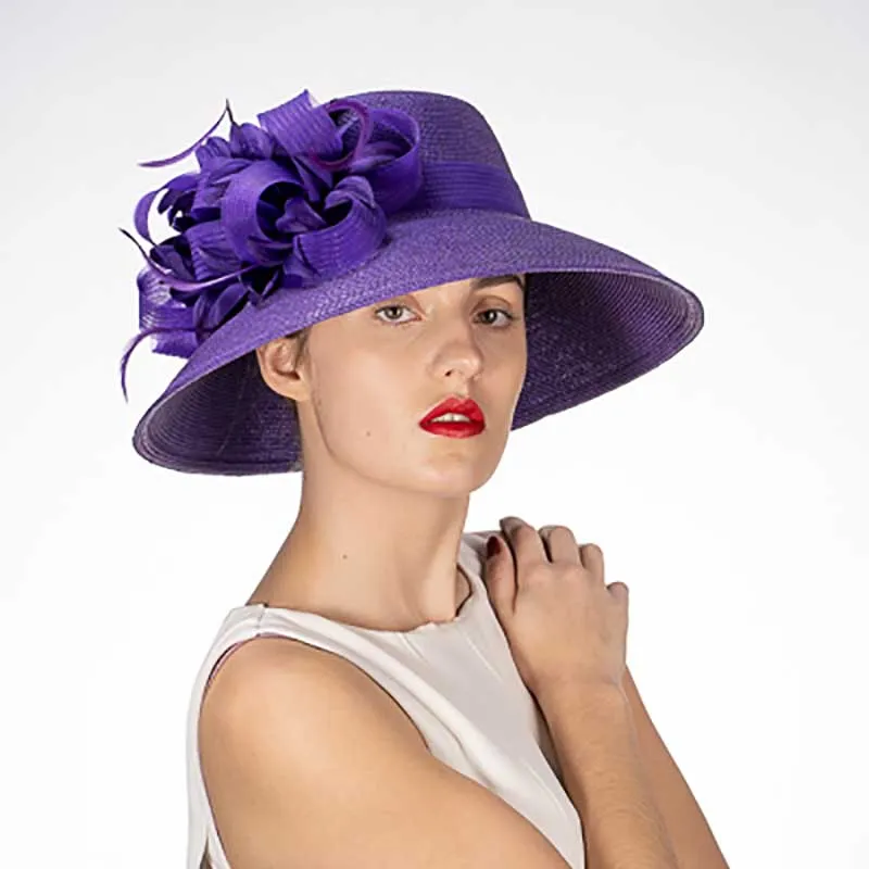 Purple Feather Flower Down Brim Church Hat - KaKyCO