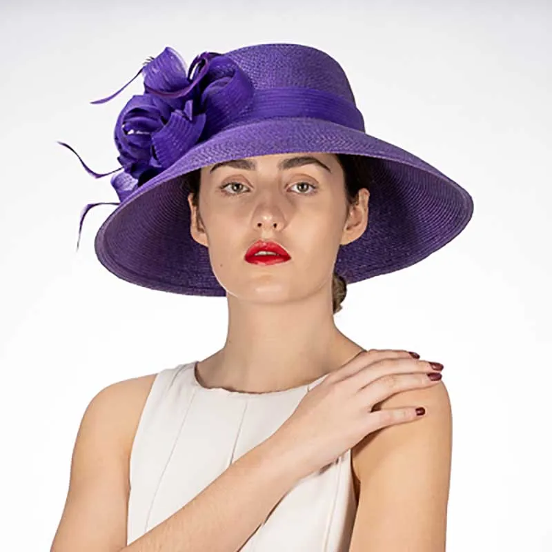 Purple Feather Flower Down Brim Church Hat - KaKyCO