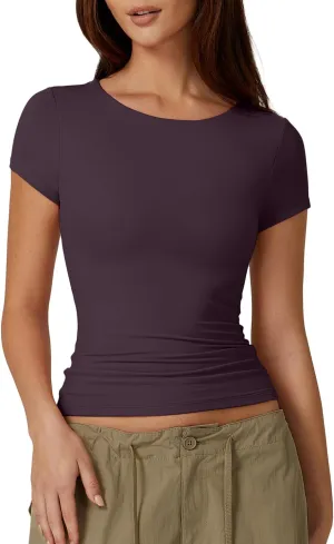 QINSEN Women's Crew Neck Short Sleeve Tees Double Lined Slim Fit T Shirt Basic Y2K Tops