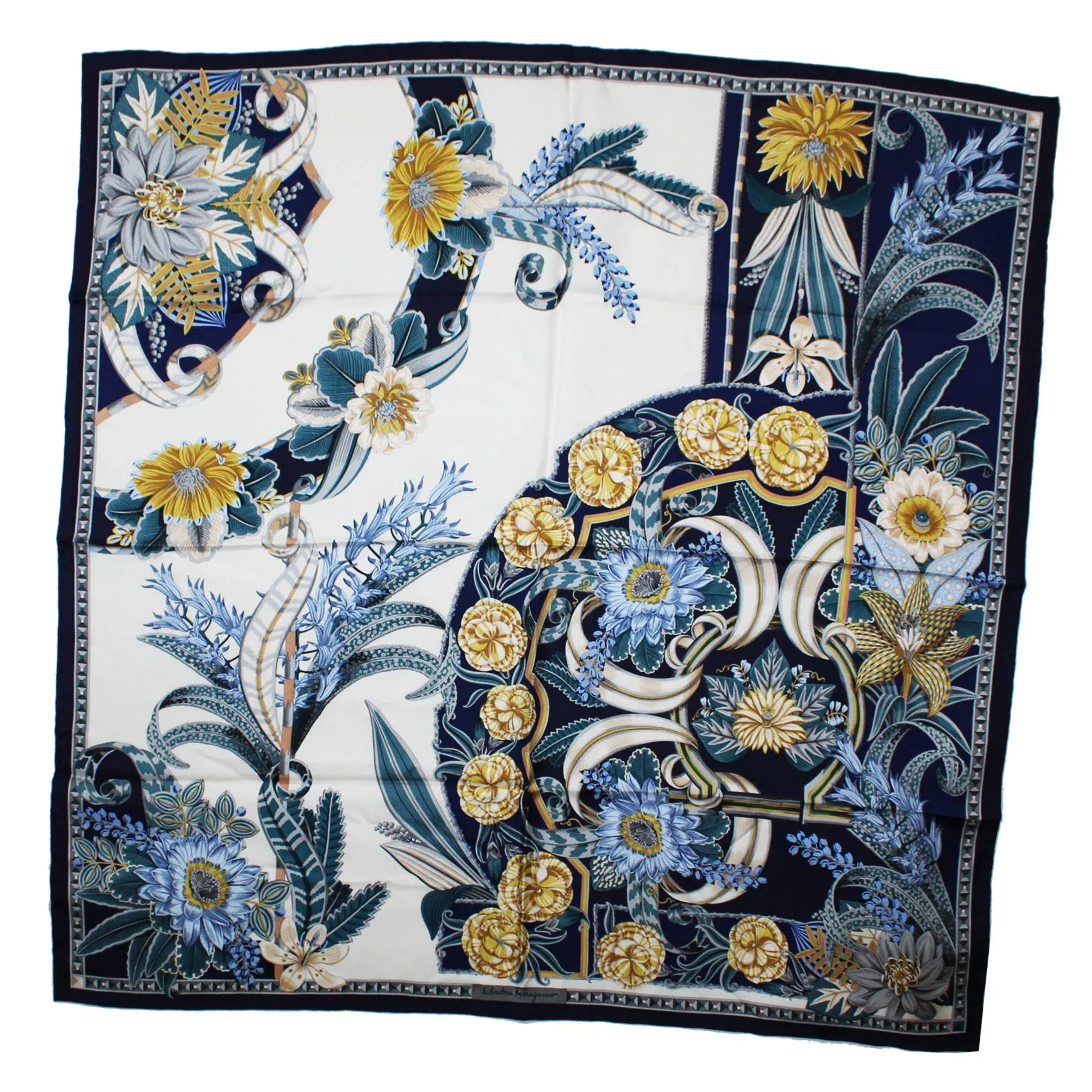 Salvatore Ferragamo Silk Navy Olive Blue Floral - Large Twill Silk Square SALE